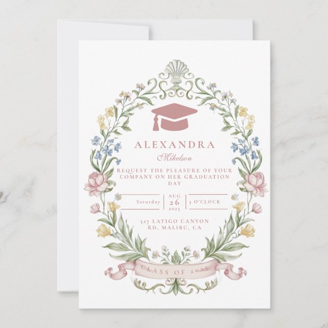 Invitation Classic Floral Wreath Graduation (Devant)