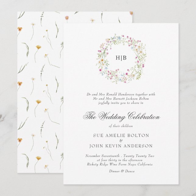 Invitation Classic Floral Wreath Monogram Surname Wedding  (Devant / Derrière)