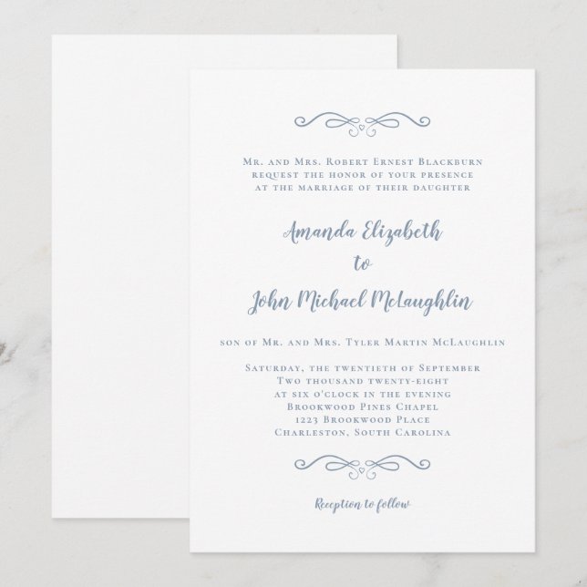 Invitation Classic Formal élégant Dusty Mariage de script ble (Devant / Derrière)