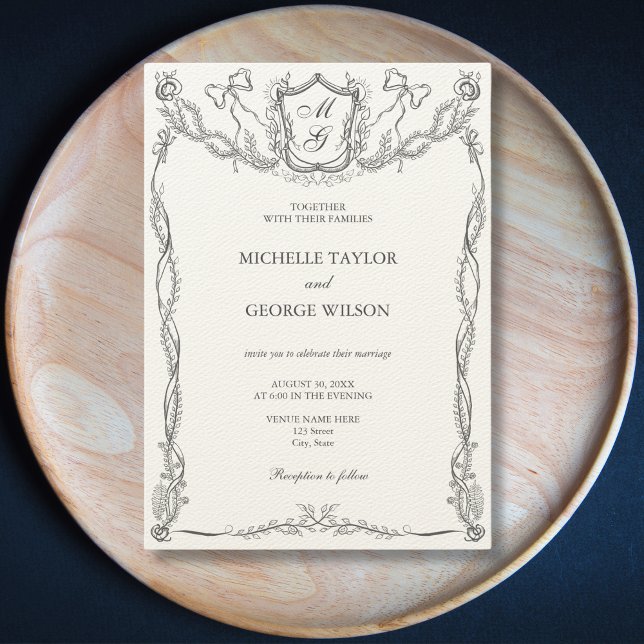 Invitation Classic Formal Élégant Floral Bow Crest Monogramme (Créateur téléchargé)