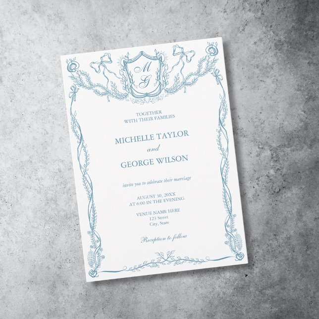 Invitation Classic Formal Élégant Français Bleu Crest Monogra (Créateur téléchargé)