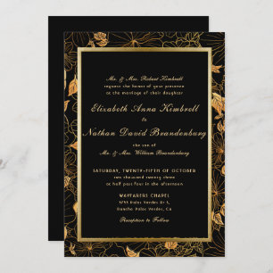 Invitation Classic Formal Noir & Or Floral Foliage Mariage
