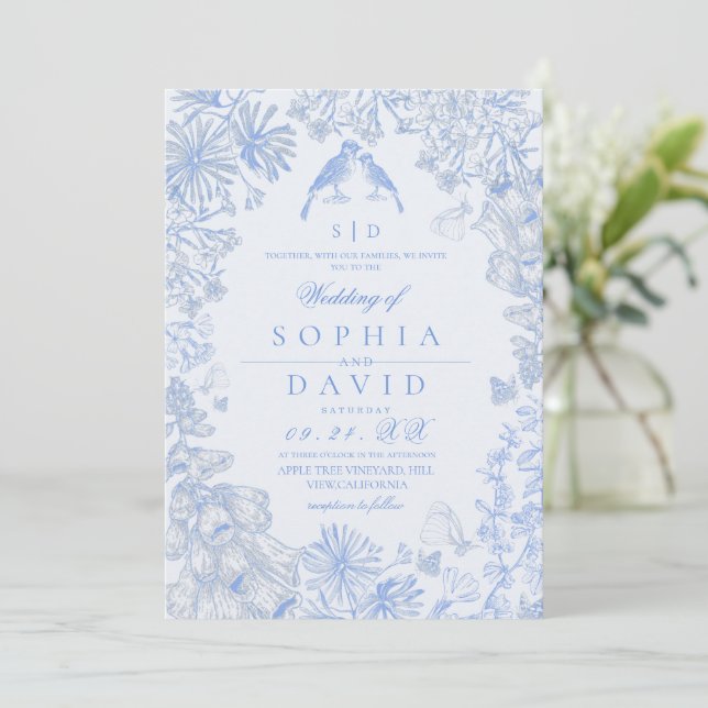 Invitation  Classic French Blue Floral Wedding  (Debout devant)