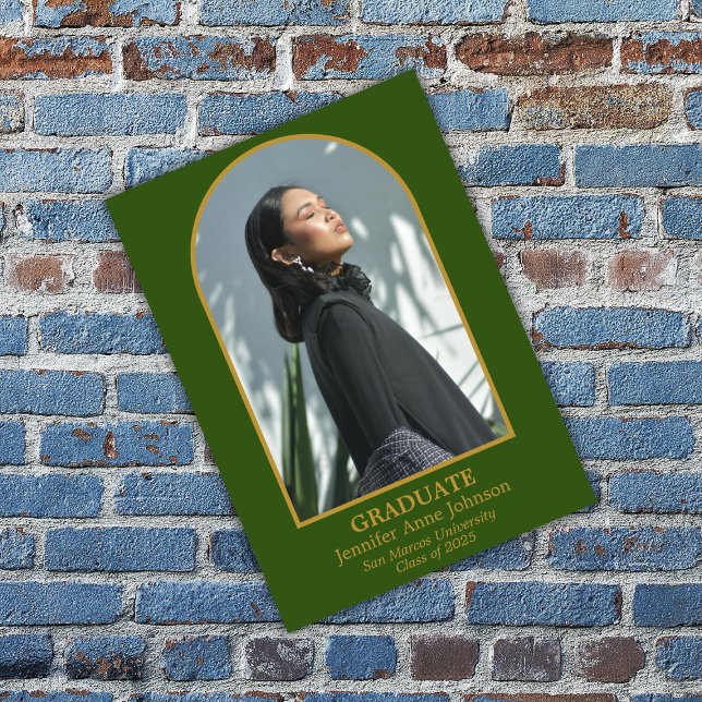 Invitation Classic Gold Arch Green ajouter photo Graduation (Créateur téléchargé)