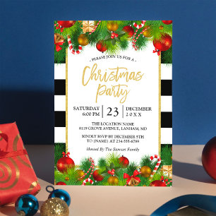 Invitation Classic Gold Black White Stripes Noël