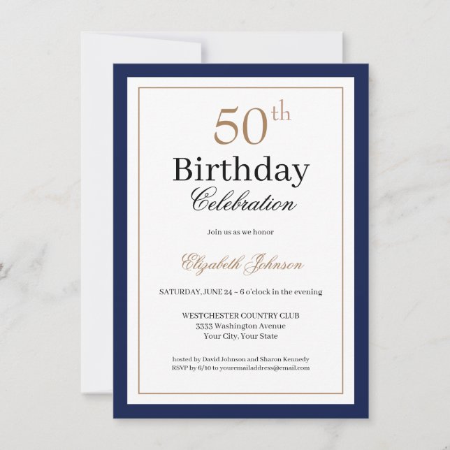 Invitation Classic Gold Navy Blue 50th Birthday Party (Devant)