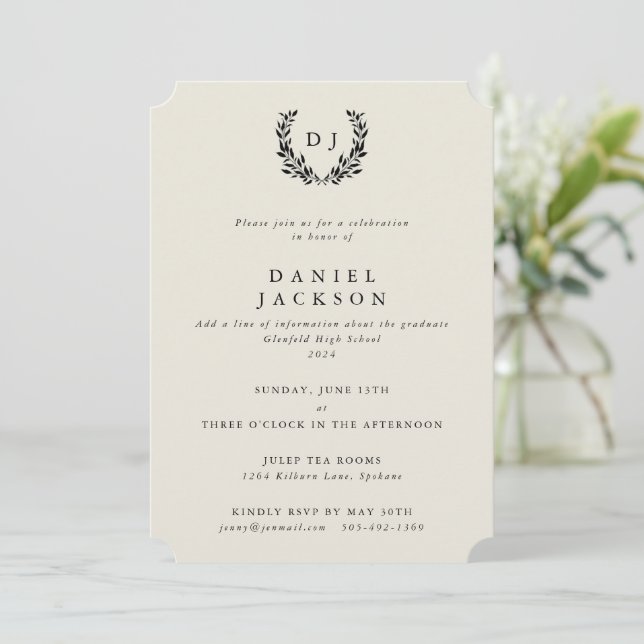 Invitation Classic ivoire Monogram Laurel Wreath Graduation (Debout devant)