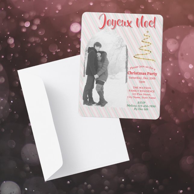 Invitation Classic Joyeux Noel Green Red Stripes Christmas (This customizable Classic Christmas Invitation Card elevates your upcoming party)