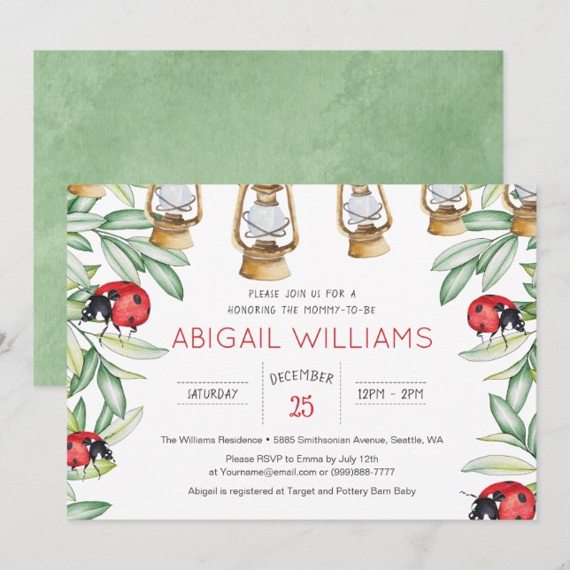 Invitation Classic Lady Bug Green Baby shower de jardin (Devant / Derrière)