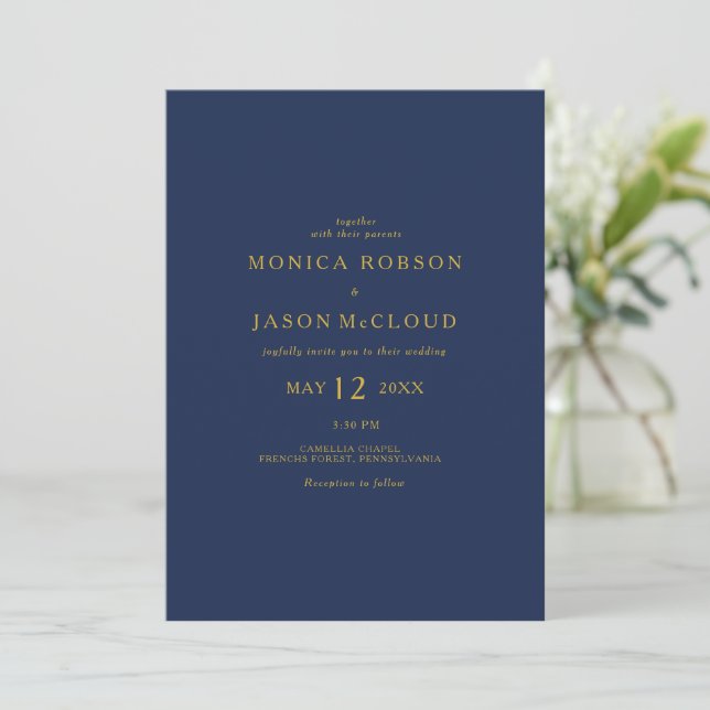Invitation Classic Minimal Marine Bleu Or tout en un Mariage (Debout devant)