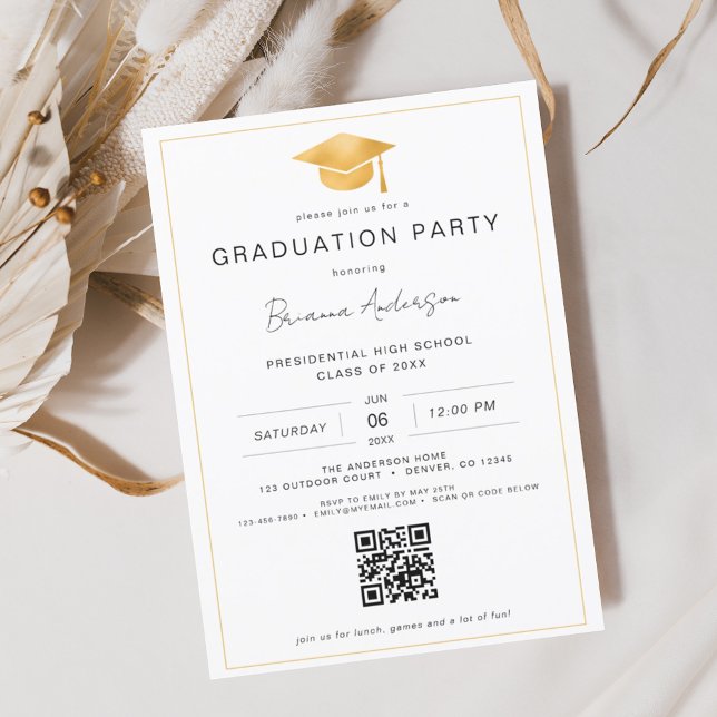 Invitation Classic Minimalist Gold QR Code Graduation Party (Créateur téléchargé)