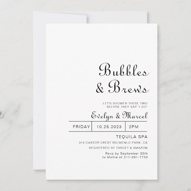 Invitation Classic Minimaliste Bubbles & Brews Douche nuptial (Devant)