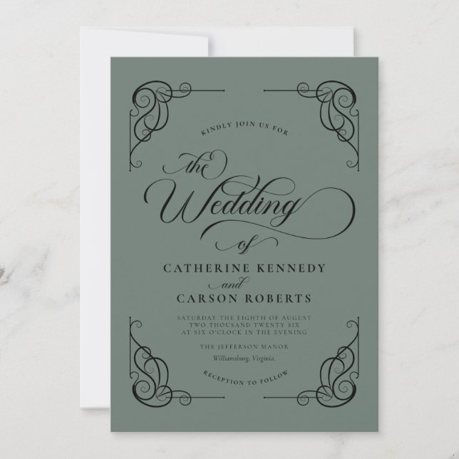 Invitation Classic Moderne Calligraphie Mariage - Dusty Turqu (Devant)
