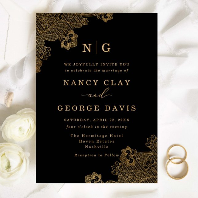 Invitation Classic Monogram Or dentelle Ornate noir Mariage (Créateur téléchargé)