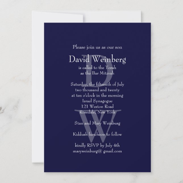 Invitation Classic Navy Bar Mitzvah (Devant)