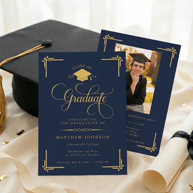Invitation Classic Navy Blue Gold Graduation (Créateur téléchargé)