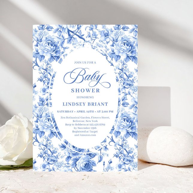 Invitation Classic Navy Blue Toile Rose Baby Shower Invites (Classic Navy Blue Toile Rose Baby Shower Invitation)