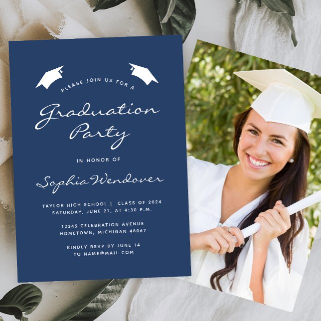 Invitation Classic Navy Blue White Graduation Party 2024 (Créateur téléchargé)
