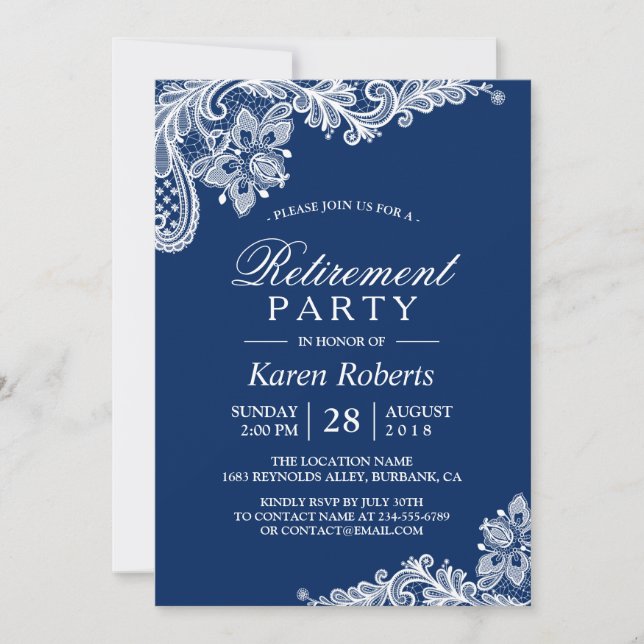 Invitation Classic Navy Blue White Lace Retraite Party (Devant)