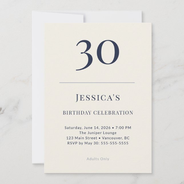 Invitation Classic Navy & Cream 30th Birthday Celebration (Devant)