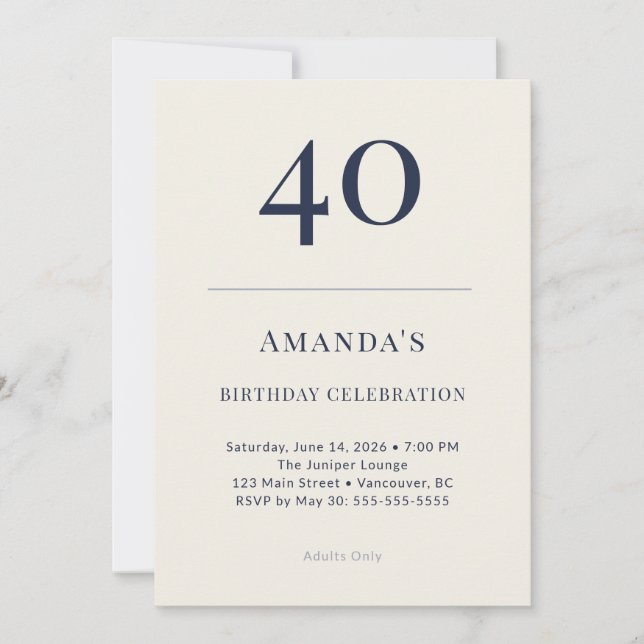 Invitation Classic Navy & Cream 40th Birthday Celebration Inv (Devant)