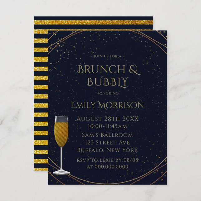 Invitation Classic Navy et Gold Brunch et Bubbly (Devant / Derrière)