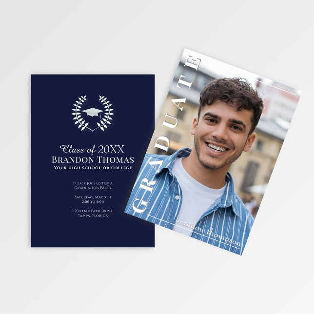 Invitation Classic Navy Photo Graduation Announcement (Classic navy graduation card with vertical photo and modern typography)
