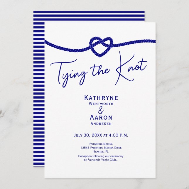 Invitation Classic Navy White Stripes Tying the Knot Wedding  (Devant / Derrière)