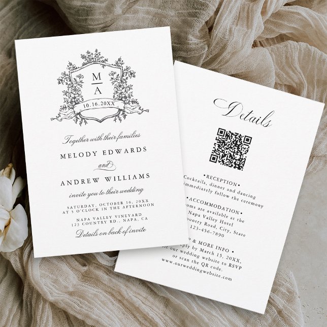 Invitation Classic noir & blanc Crest Mariage All in One (Front & Back)
