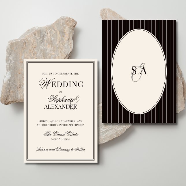 Invitation Classic Oval Black Ivory Striped Old Money Wedding (Créateur téléchargé)