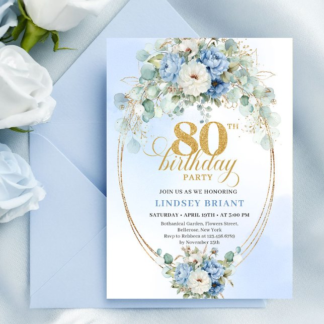 Invitation Classic Pastel Blue Peony Greenery 80th Birthday (Classic Pastel Blue Peony Greenery 80th Birthday)