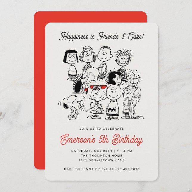 Invitation Classic Peanuts Gang Birthday | Snoopy & Friends I (Devant / Derrière)