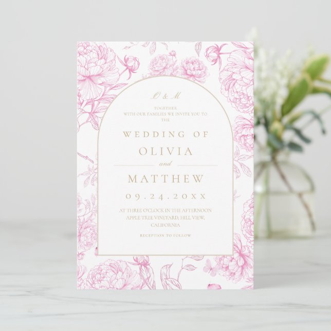 Invitation Classic Pink French Floral Wedding  (Debout devant)