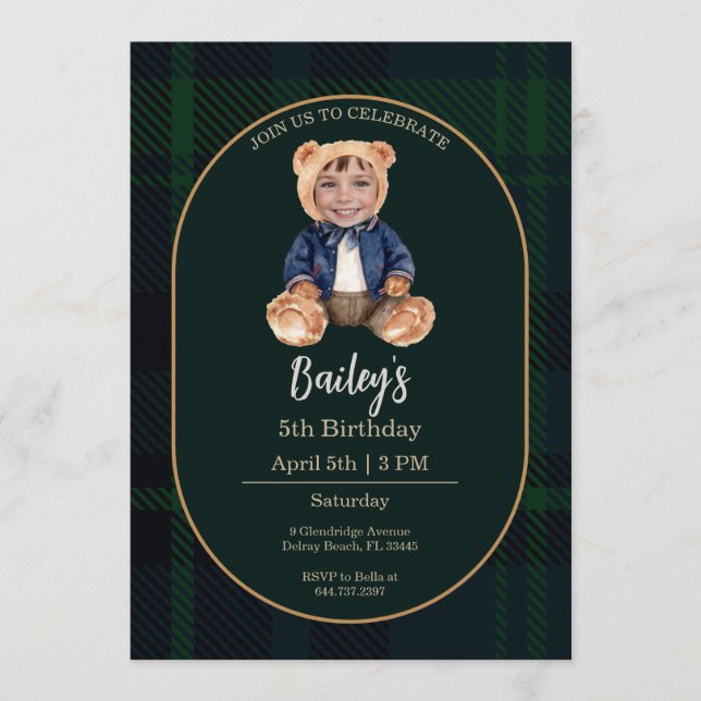 Invitation Classic Plaid Little Bear Birthday Photo (Devant)