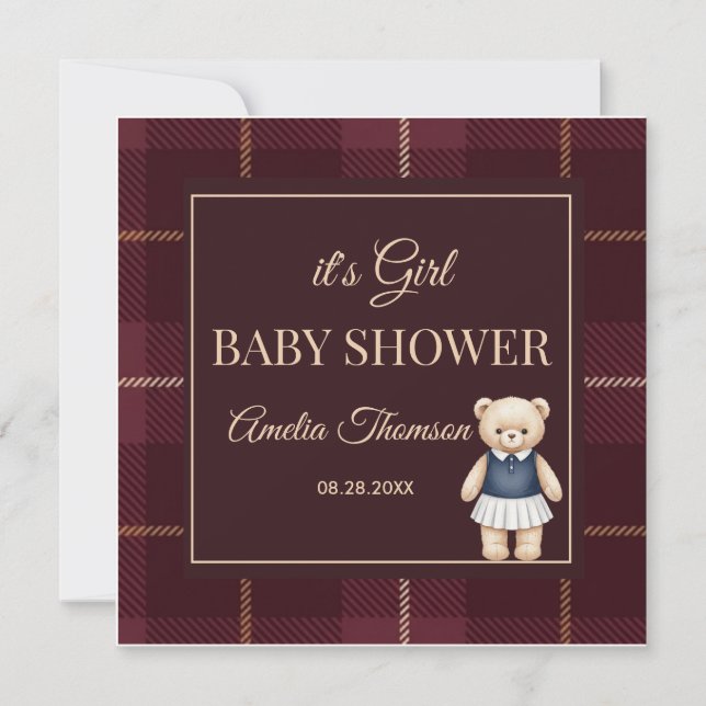 Invitation Classic Polo Teddy Bear Preppy Plaid Baby Shower  (Devant)