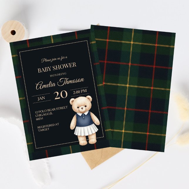 Invitation Classic Polo Teddy Bear Preppy Plaid Baby Shower (Créateur téléchargé)