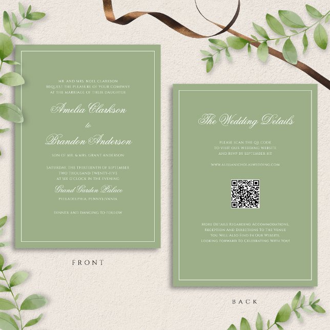Invitation Classic Real Sage Green Border Wedding QR Code (Créateur téléchargé)