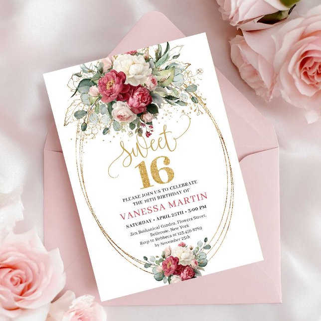 Invitation Classic Red Blush Floral Sweet 16 Birthday Invite (Classic Red Blush Floral Sweet 16 Birthday Invitation)