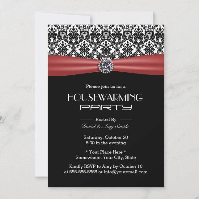 Invitation Classic Red Ribbon & Damask Houseréchauffer Party (Devant)