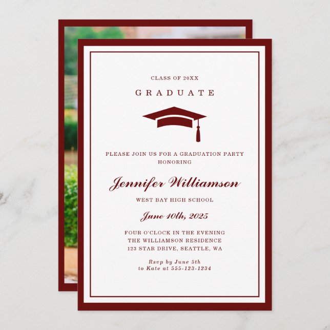 Invitation Classic Red & White Script Graduation Photo (Devant / Derrière)