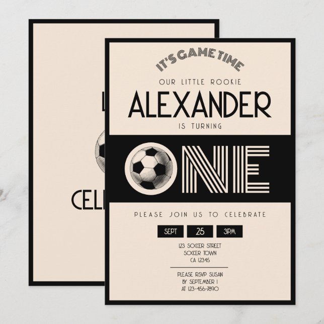 Invitation Classic Retro Black Soccer 1er anniversaire (Devant / Derrière)