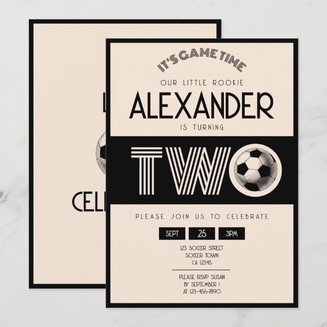 Invitation Classic Retro Black Soccer 2e anniversaire (Devant / Derrière)