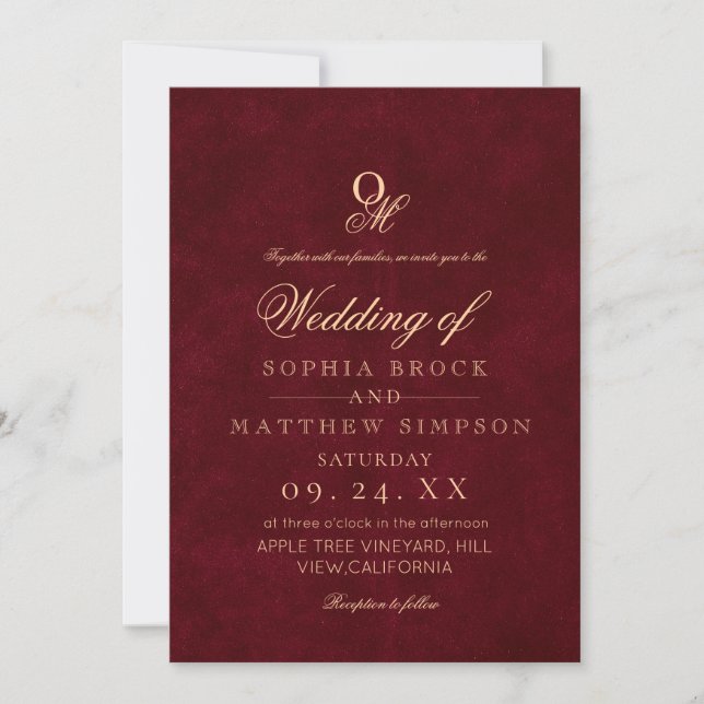 Invitation Classic Romantic Minimal Burgundy Monogram Wedding (Devant)