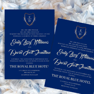Invitation Classic Royal Blue Golden Monogrammed Élégant