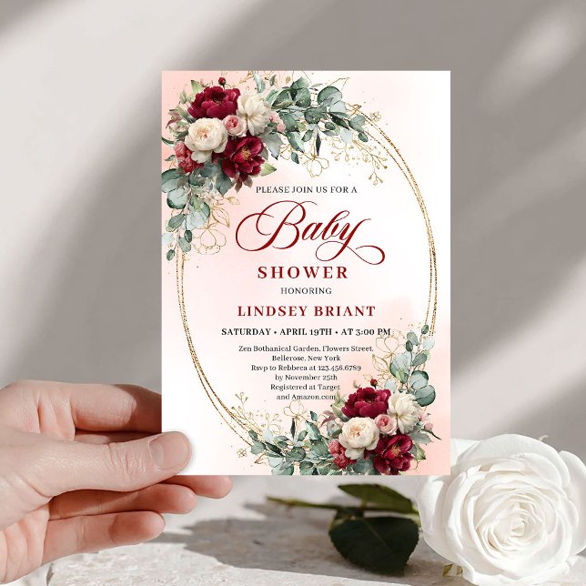 Invitation Classic Rustic Deep Red Floral Baby Shower Invite (Classic Rustic Deep Red Floral Baby Shower Invite)
