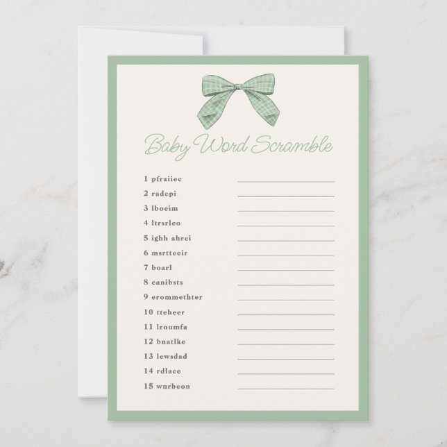 Invitation Classic Sage Bow Baby shower Word Scramble Jeu (Devant)