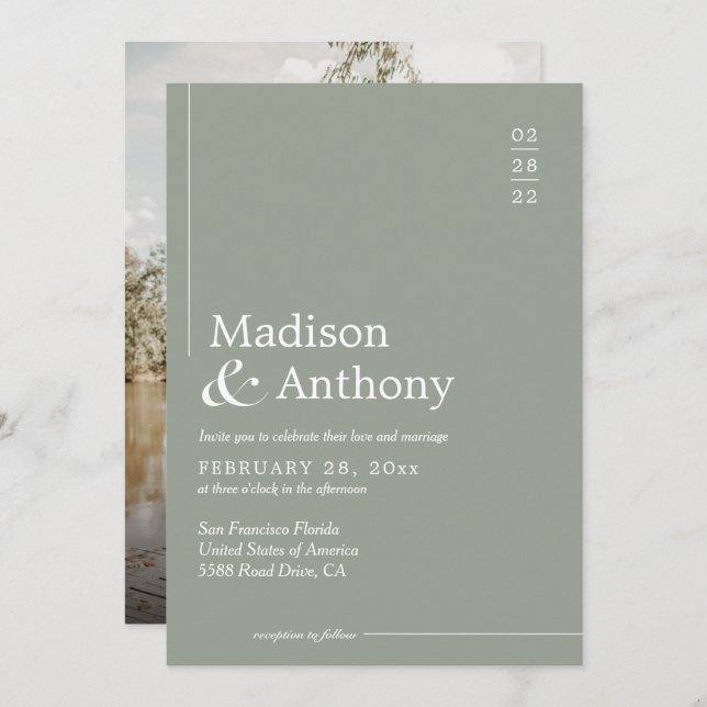Invitation Classic Sage Green Budget Script Mariage photo (Devant / Derrière)