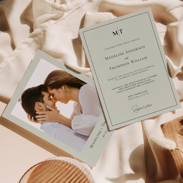 Invitation Classic Sage Green Monogramme Mariage photo fronti (Créateur téléchargé)