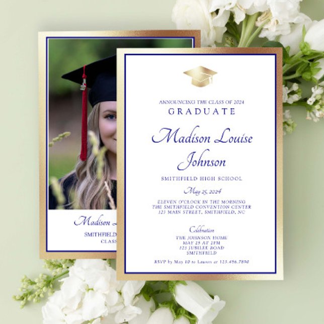 Invitation Classic Script Marine Blue & Gold Photo Graduation (Marking Milestones with Grace. #GradSuccess)