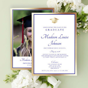Invitation Classic Script Marine Blue & Gold Photo Graduation
